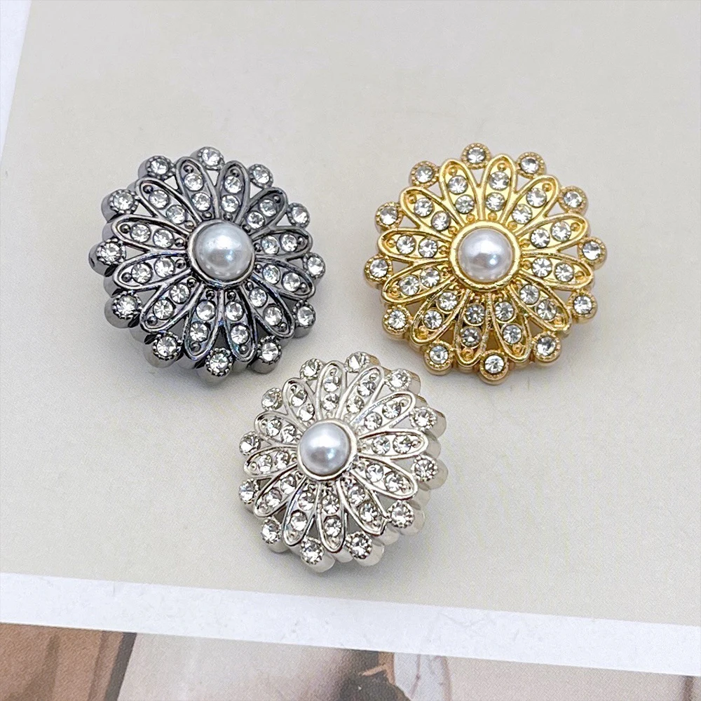 10Pcs Luxury Hollow Flower Metal Buttons with Rhinestone, Decorative Buttons for Coat Suit Dress, Gold Silver DIY Sewing Buttons