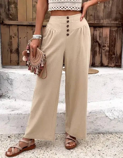 سراويل نسائية فضفاضة، كاجوال صيفي بسيط مزين بأزرار، سراويل واسعة الساق عالية الخصر ومتعددة الاستخدامات مناسبة للارتداء اليومي