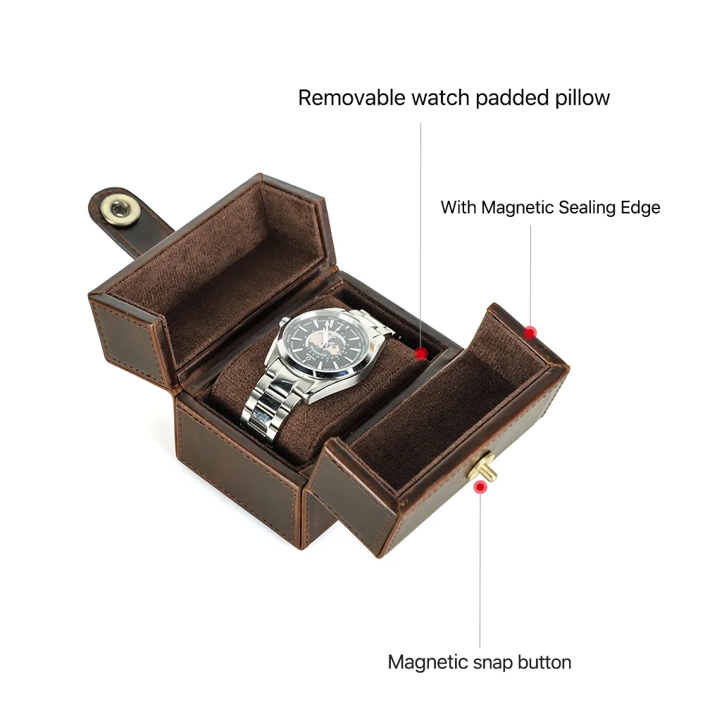 CONTACT\'S FAMILY Retro Cowhide Leather Luxury Single Slot Storage Case HandmadeTravel Portablel Watch Holder with Pillow