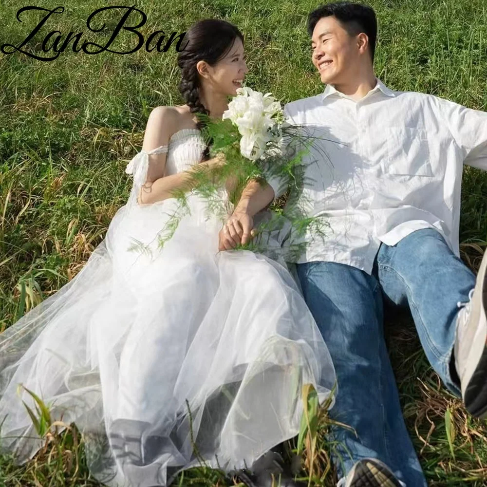 ZanBan Customized White Elegant Strapless A-line Tulle Pleat Wedding Party dress Floor-Length Korea Photoshoot 2026 New Dress