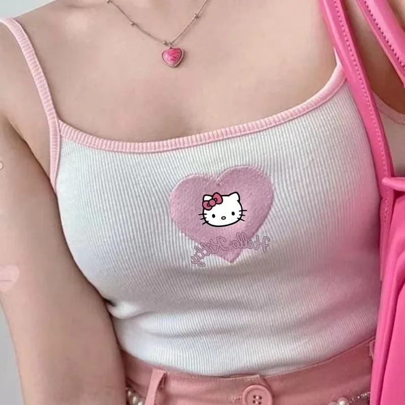

Hello Kitty Women Tanks Camis Summer Japanese Cartoon Kuromi Y2K Short Sleeveless Tank Top Hanging Neck Student Slim Fit Top