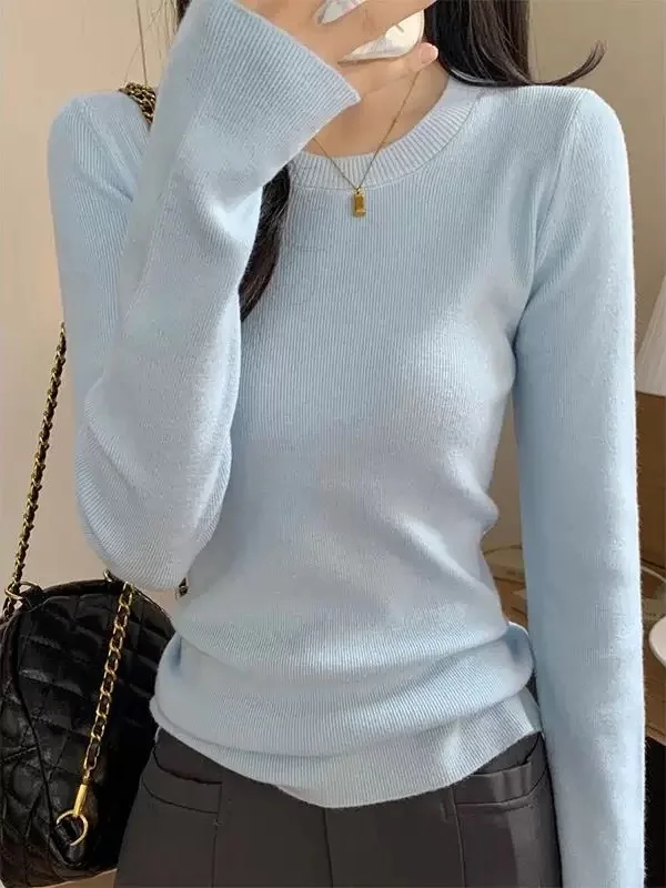 

Slim Fit Knitted Sweater Base Layer irt Light Blue Simple Sle Korean Design Commute Faion Women's Long Sve round Nec...