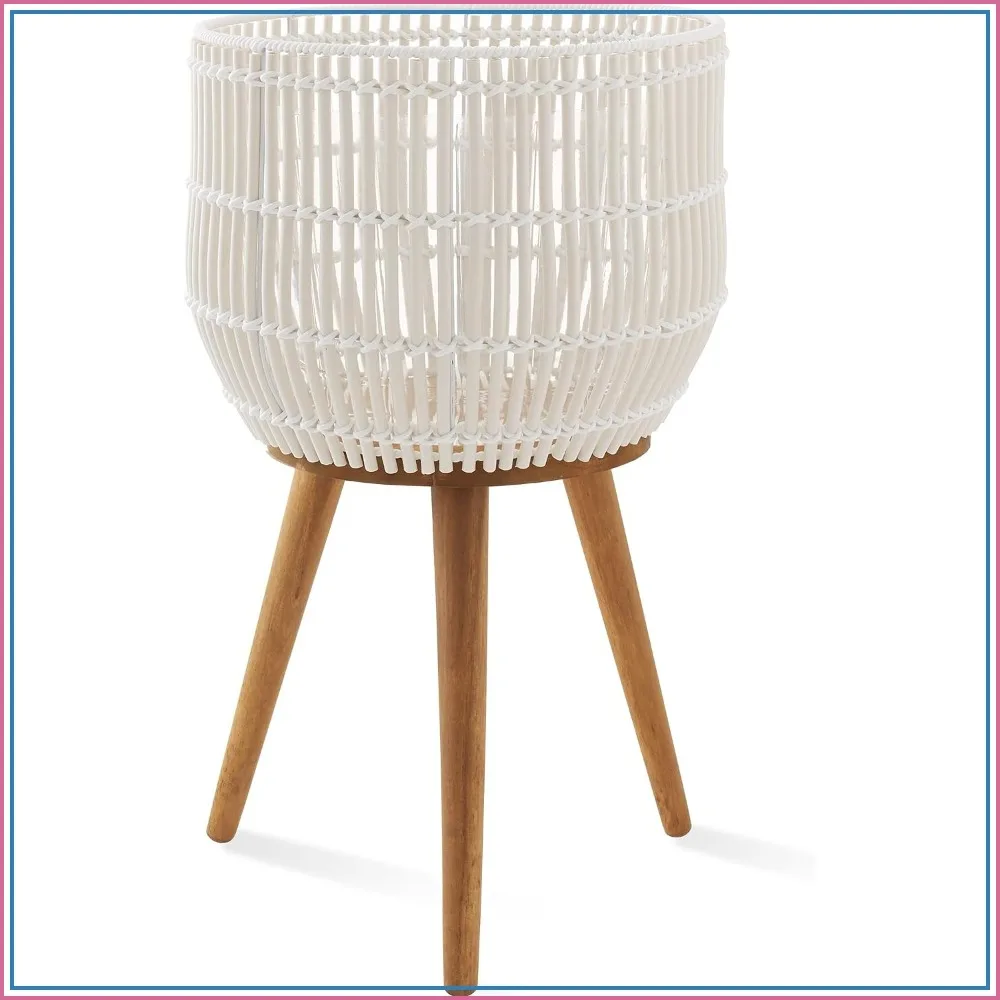 White Floor Planter with Stand, Wood Legs, Liner for Indoor Plants and Trees