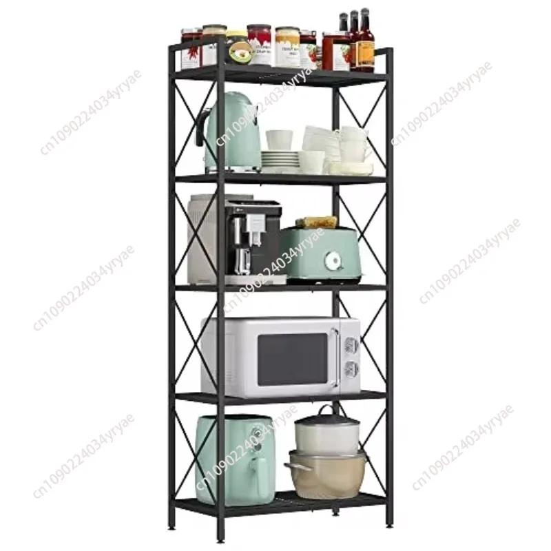 5-Layer Foldable Mesh Steel Metal Rack Black and White Microwave Oven Tableware Storage Storage Rack