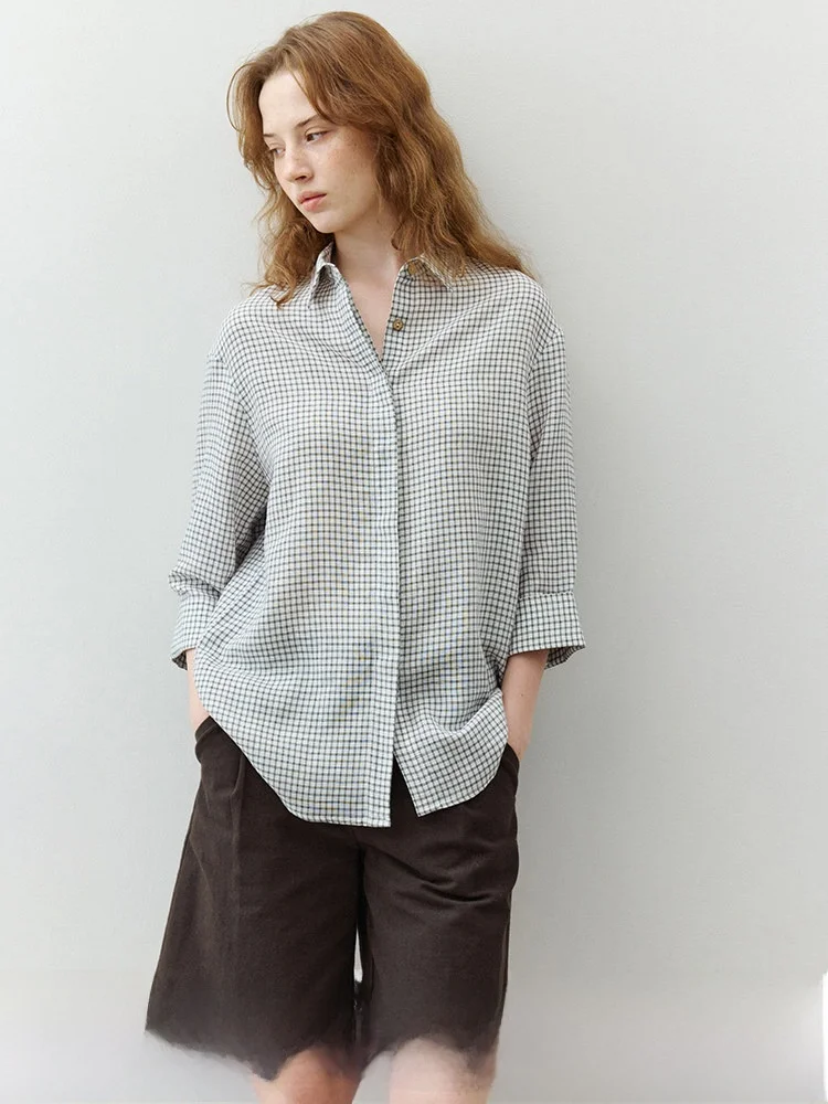 

Know Day Casual Plaid Single Button Turn-down Collar Women's Shirt Summer New Loose Shoulder Sleeve Top Breathable Long Sleeve