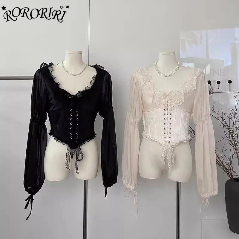 

RORORIRI Medieval Retro Boned Lace-up Crop Top Women Jacquard Ruffle Neck Lantern Sleeves Lace Trim Pretty & Elegant Undershirt