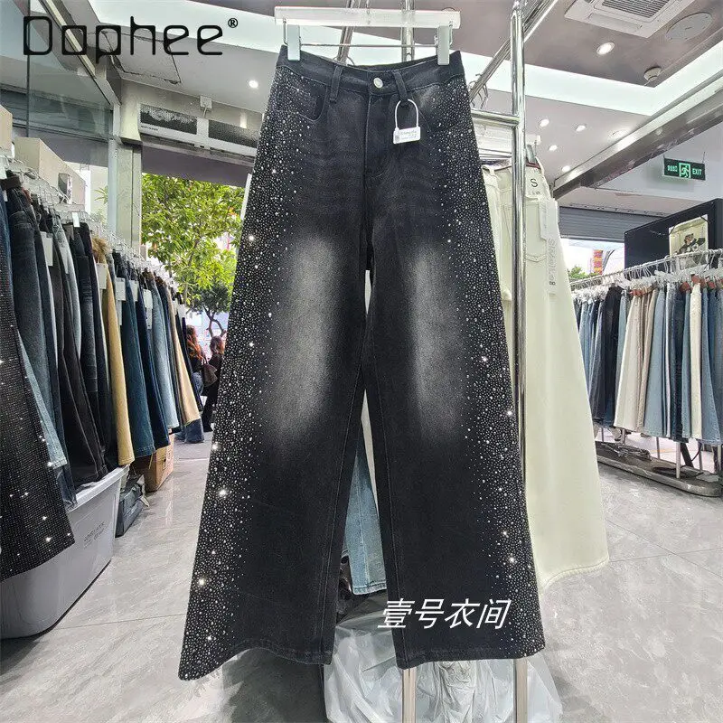 

Light Blue Wide-leg Jeans for Women 2026 New Model High-waisted with Rhinestones Floor-length Straight Pants for Women