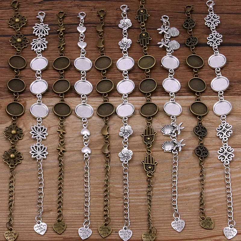 1 szt. 2 kolory 15 stylów Metalowy stop cynku 12 mm Okrągła bransoletka Cabochon Ustawienie Kwiat Księżyc Złącze Biżuteria DIY Made