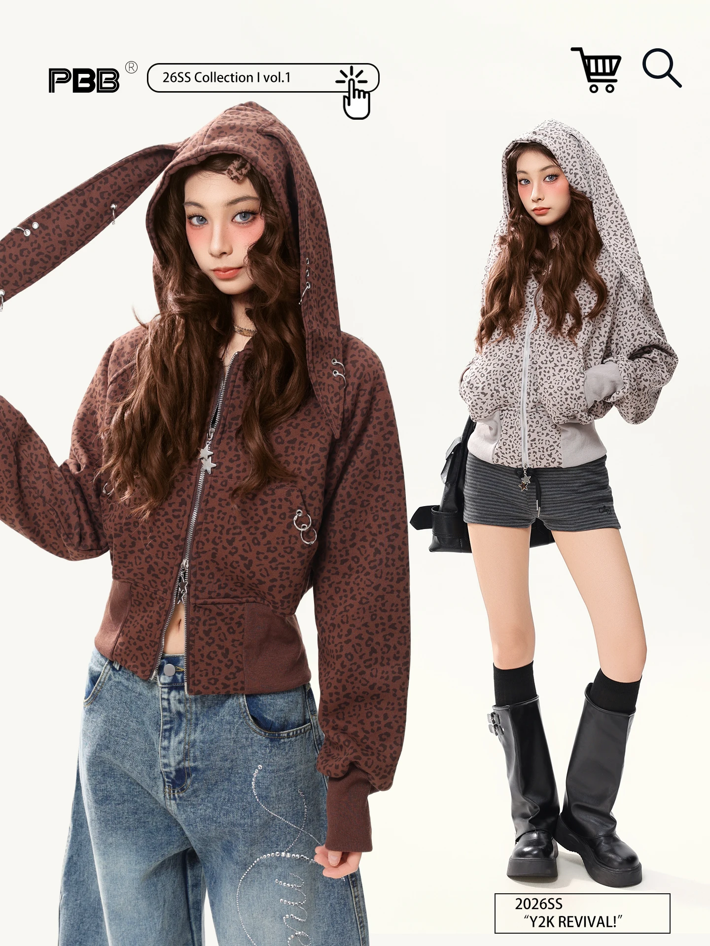 

PBB American Retro Leopard Print Rabbit Ear Zipper Jaet Women's Sexy Street Y2K Abi Sle Hoodie Spring Loose Fit Long Sve