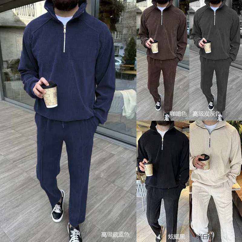 Frühling Herbst Herren Cord Zweiteiler Set Stehkragen Halb-Reißverschluss-Pullover Passende Hose Europäisch-Amerikanischer Trendiger Loser Lässiger Outfit – Detail 2