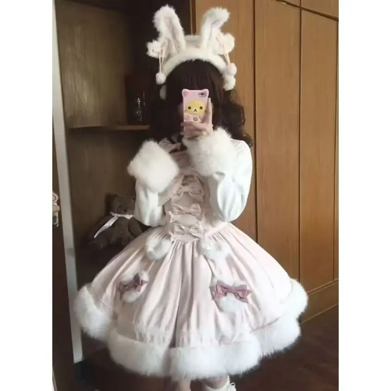 Japanese Sweet Lolita Style 2 Piece Set Women Kawai Bow Bunny Hooded Cloak Coat Pink Plush Party Mini Dress Korean Y2k Cute Suit image 2