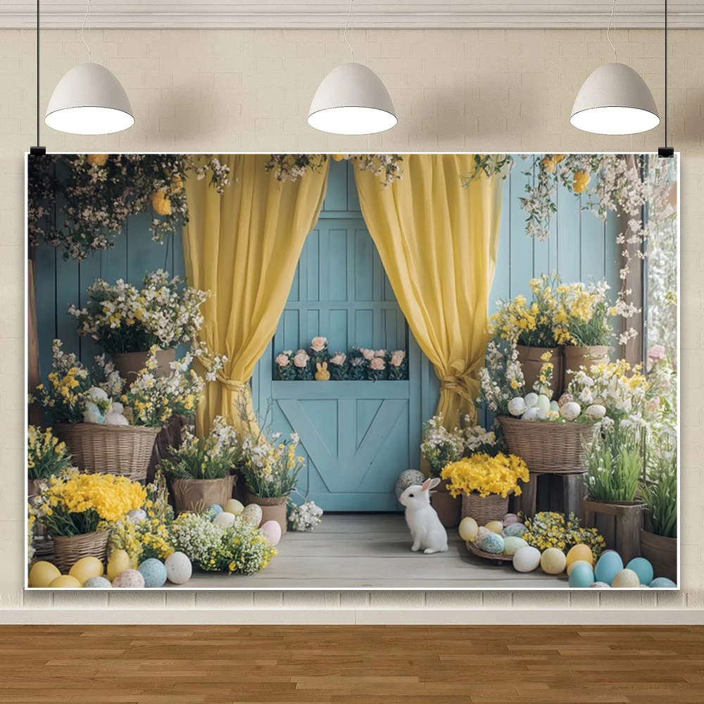 ปาร์ตี้อีสเตอร์ไข่การถ่ายภาพฉากหลังสนามหญ้ากระต่ายสวนสีเหลืองผ้าม่านหน้าต่าง Baby Shower ภาพพื้นหลัง Photo Studio Prop