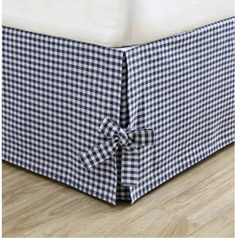 Japanese Checked Bed Skirt Elastic Pinch Pleat 35cm Drop Premium Wrap Around Bed Sheet for Queen Bed Bowknot Bandage