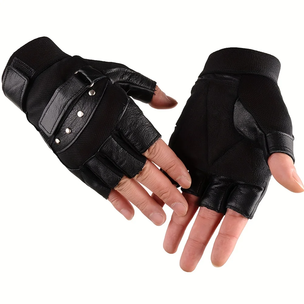 Men Genuine Leather Gloves Half Finger Glove, Unisex Adult Mittens Fingerless Gloves