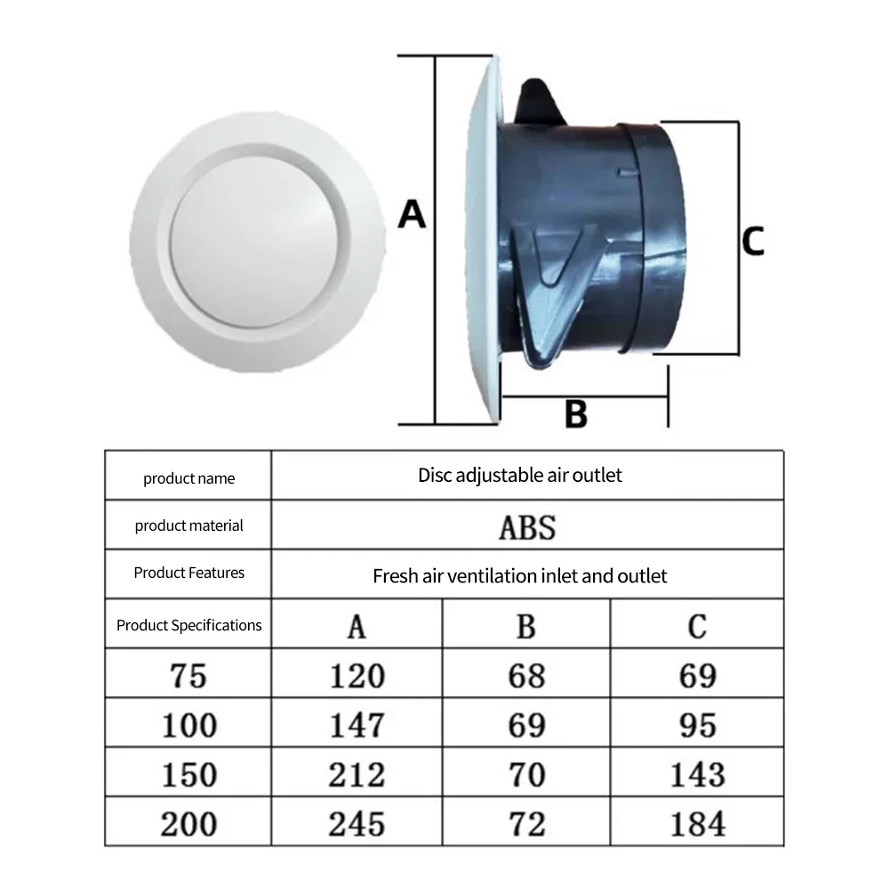 ABS Vent Cover Air Conditioning Ventilation Diffuser Househeld Adjustable Louver Circular Air Outlet Parts 75/100/50/200MM