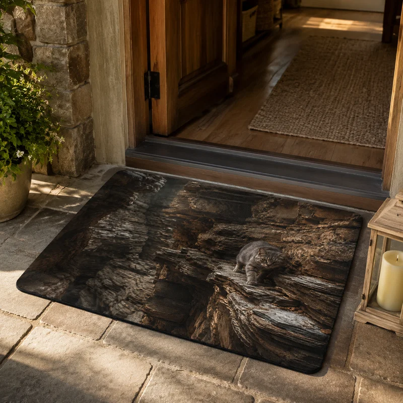 VIKAMA Layered Rock Canyon Tiger Spotted Cat Visual Illusion Home Door Mat Wear resistant Machine Washable Floor Mat