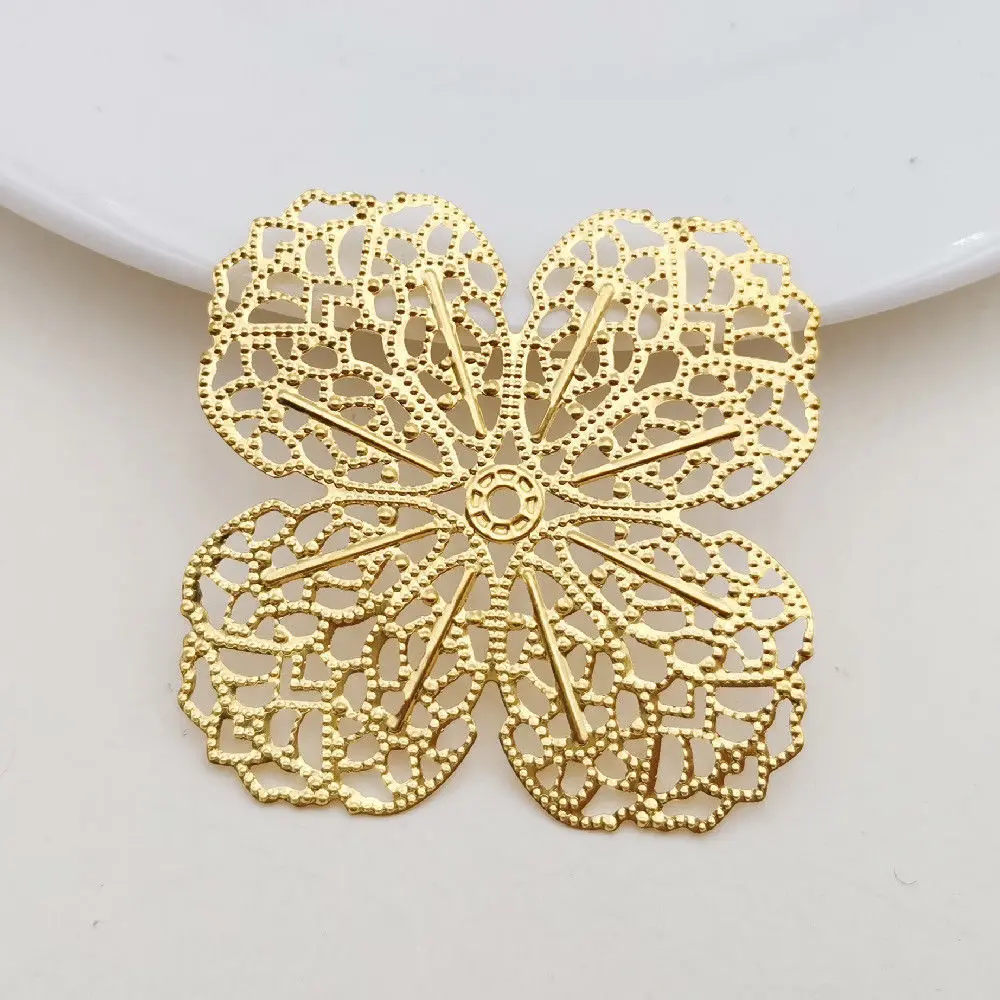 20/100PCS 43mm Gold Color Metal Filigree Hollowed-out Four-leaf Flower Slice Charms Base Setting DIY Jewelry Components Findings