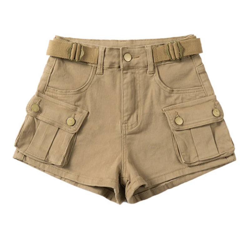 American Vintage Belt Trim High Waist Large Pockets Cargo Shorts Women A-line Long Legs Khaki Casual Shorts Hot Short Pant Chic