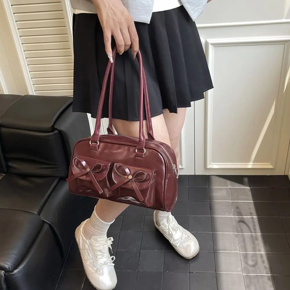 

French Style Bow Ribbons Bowling Bag Large Capacity Elegant Boston Shoulder Bag Casual PU Leather Women Handbags Armpit Bag