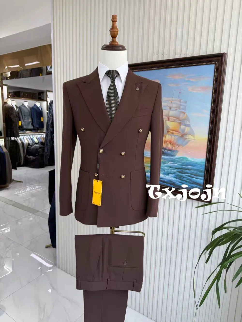 Men's Solid Suit Set 2 Pieces Jacket Pants Wedding Party Tuxedo Handsome Elegant Double Breasted Man Slim Fit Suits Business