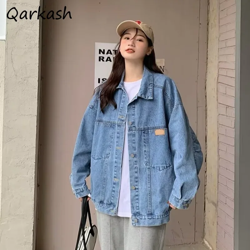 Denim Jackets Women American Retro Washed Spliced Autumn New Fashion All-match Long Sleeve Single Breasted Baggy Tops Hipster