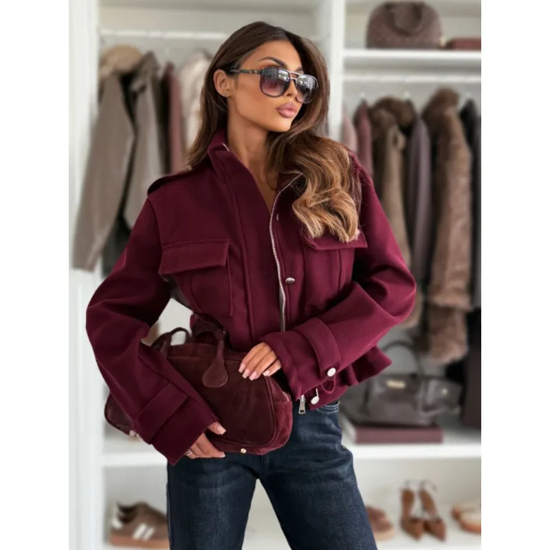 قصيرة نمط الشارع عارضة بلون الرباط سستة المرأة سترة الخريف الشتاء أزياء تنوعا أنيقة معطف طويل الأكمام