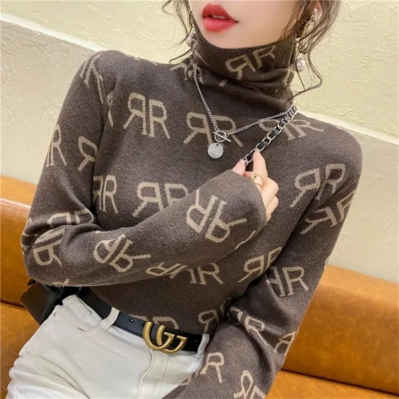 Vintage Letter Print Long Sleeve Turtleneck Soft New T-Shirt For Women Autumn Winter Korean Style Chic Basic Bottoming Tee Shirt