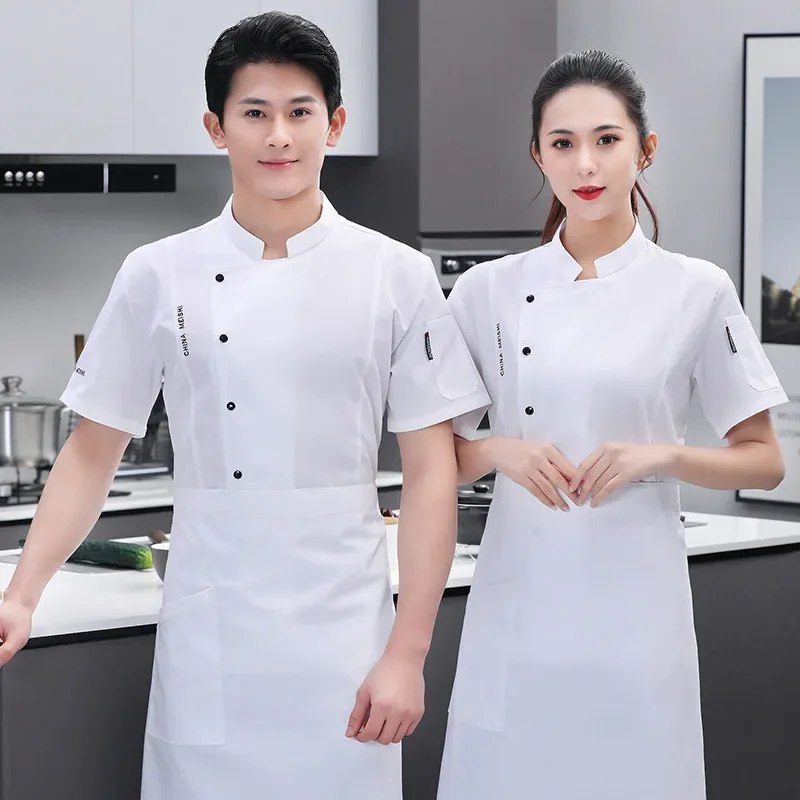 Chef Clothes Uniform Restaurant Kitchen Cooking Short Sleeve Chef Jacket Waiter Work Jackets Chef Uniform for Women Men