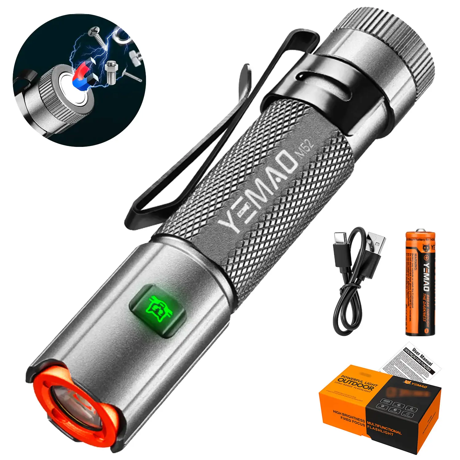 

YEMAO M52 Мини-фонарик Аварийный фонарь Перезаряжаемый портативный фонарь Ручная лампа Кемпинговый светильник 1500LM Хвостовой магнит Металлический зажим
