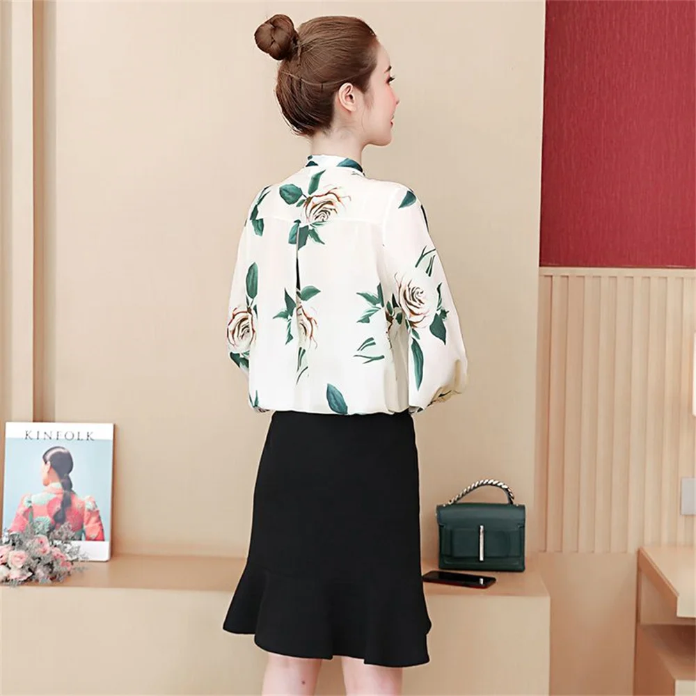 Lace Spliced Fashion Solid Chiffon Blouses Women's Clothing New Commute All-match Female Beading Long Sleeve Scarf Collar Shirt