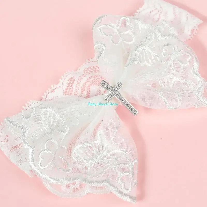 

K92D Bowknot Hairband for Baby Girl Big Bows Lace Hairband with Rhinestones Studded Crossed Elastic Headdress Child Accessories