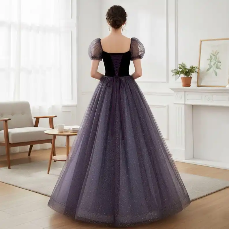 Hada púrpura mangas cortas tul graduación princesa vestidos de noche cóctel Maxi vestidos de baile de Navidad vestido Formal mujeres elegante