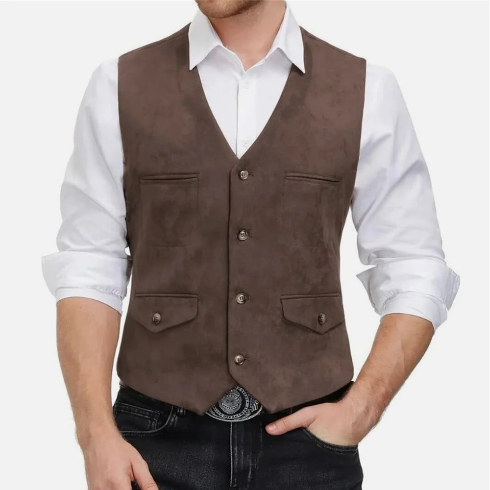 Suits Men’s Vest Work Wear Suede Leather Casual V-Neck Single Breasted Slim Fit Wedding  Vests Male Coat Colete Social Masculino
