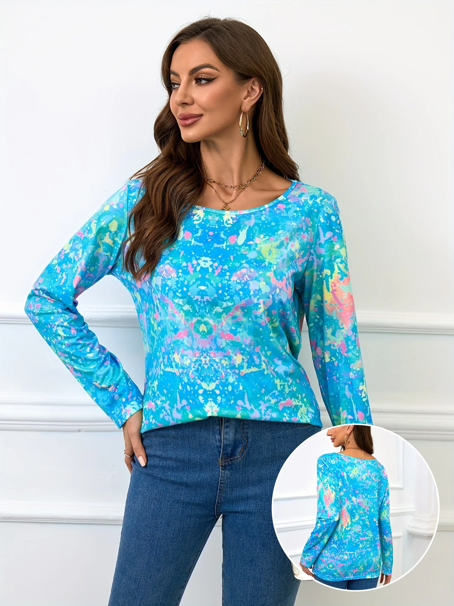 Printed Floral Shirt - Женская футболка с цветочным принтом, синяя,