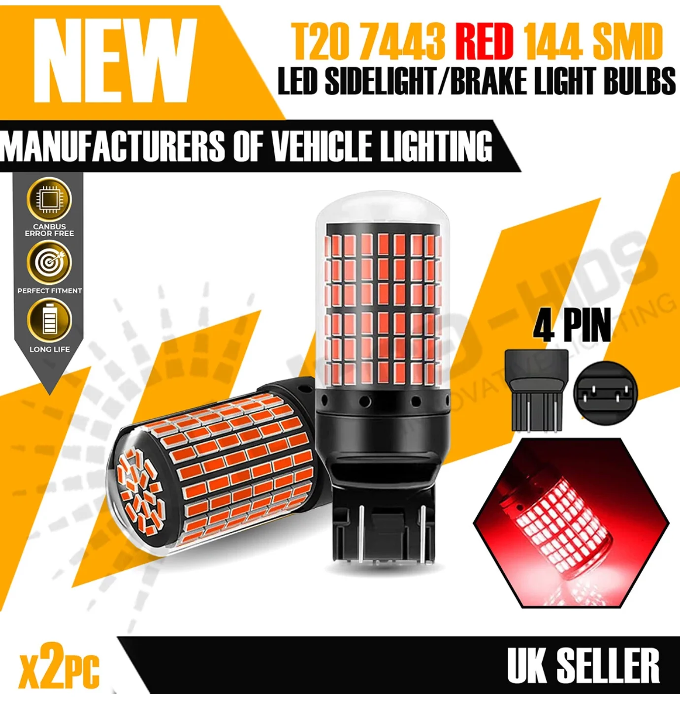 

2X RED stop tail bulb T20 wedge W21/5W 7443 580 brake lamp 144 SMD