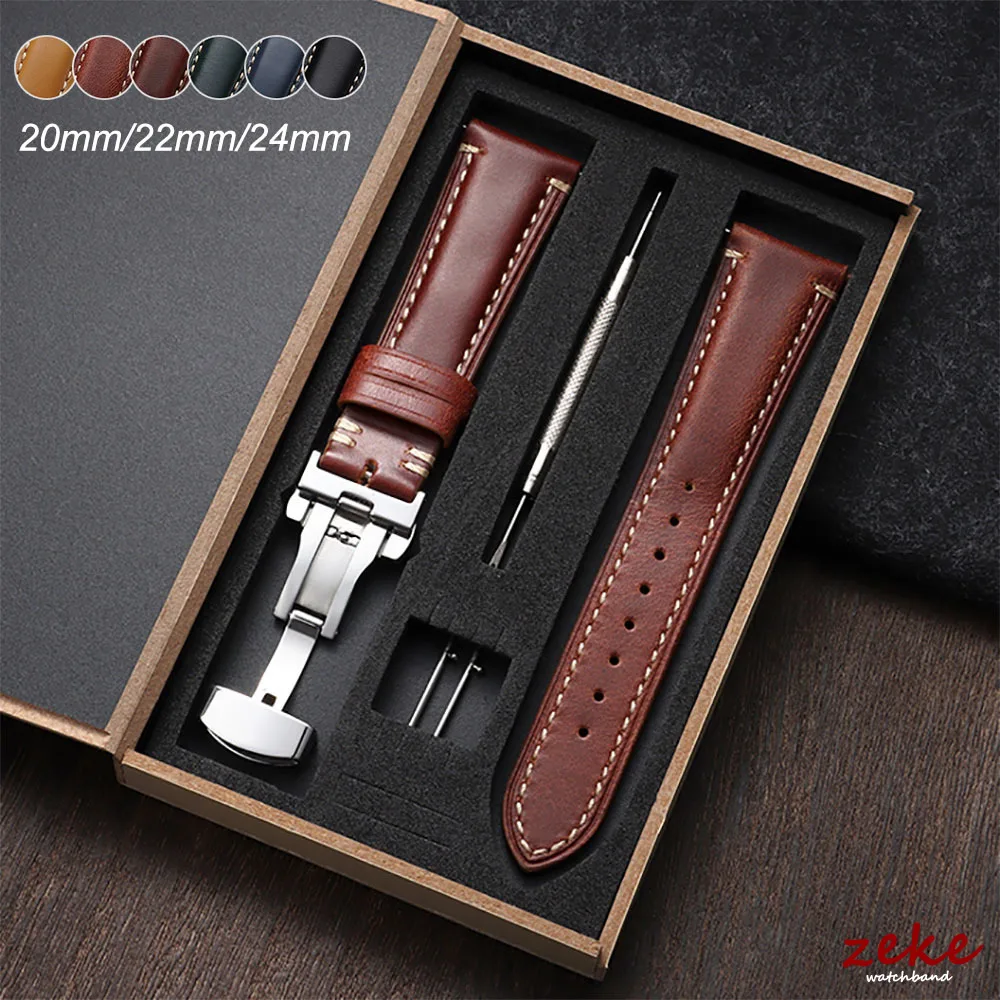 Bracelet de montre vintage en cuir huilé ciré 20mm 22mm 24mm avec boîte, bracelet universel en cuir de vachette pour hommes, pour montres Seiko et Omega