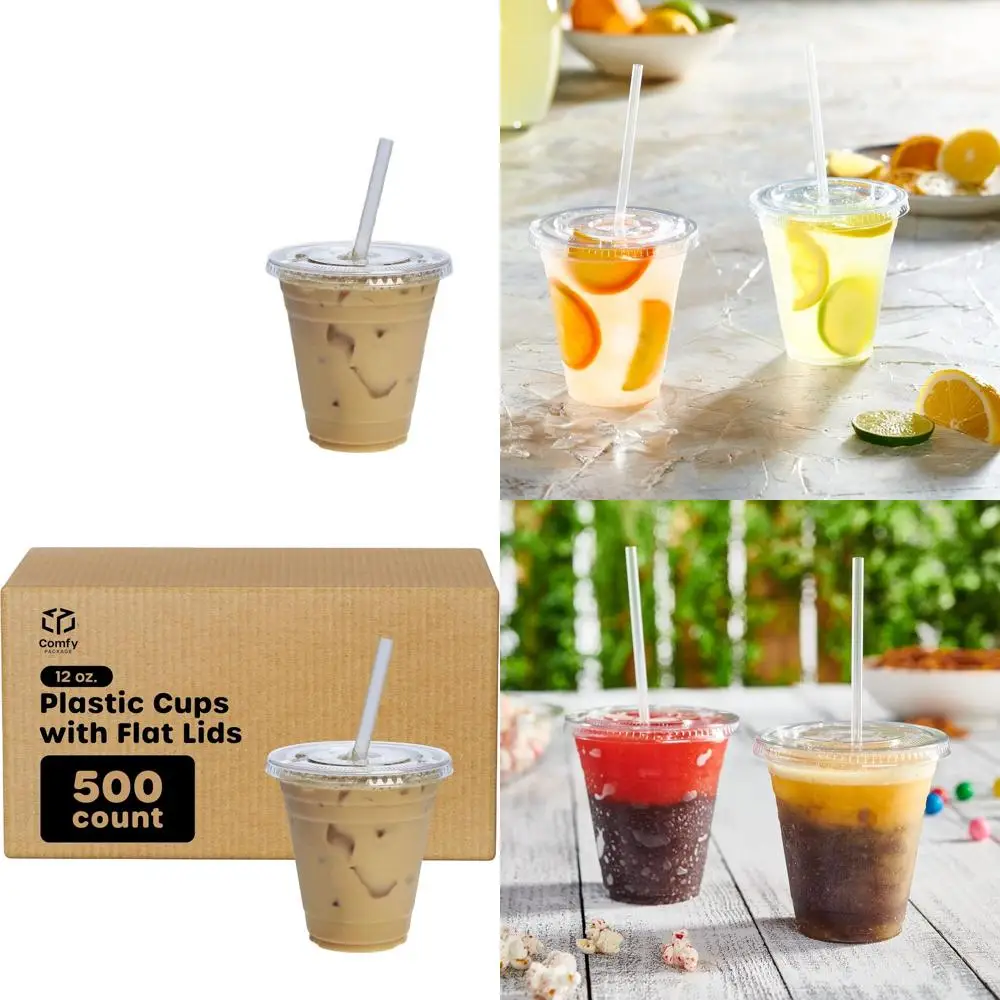 

500 штук прозрачных пластиковых стаканов объемом 12 унций с крышками, одноразовые, для горячих и холодных напитков, смузи и напитков на вынос