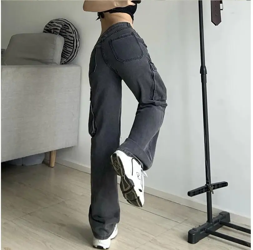 Women Y2k Cargo Jeans 2025 Autumn Big Pockets Vintage Cyber Jeans Hippie Trousers Baggy Pants Chic Straight Emo Bottoms BF