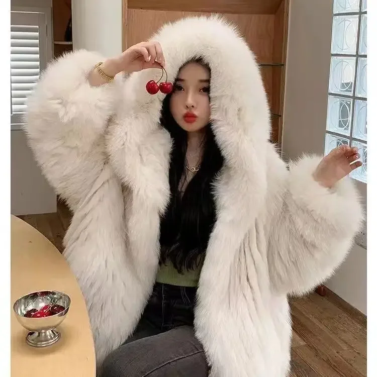 Imitation fox fur women's 2024 winter new style hooded loose slimming fur coat trendy street internet celebrity same style