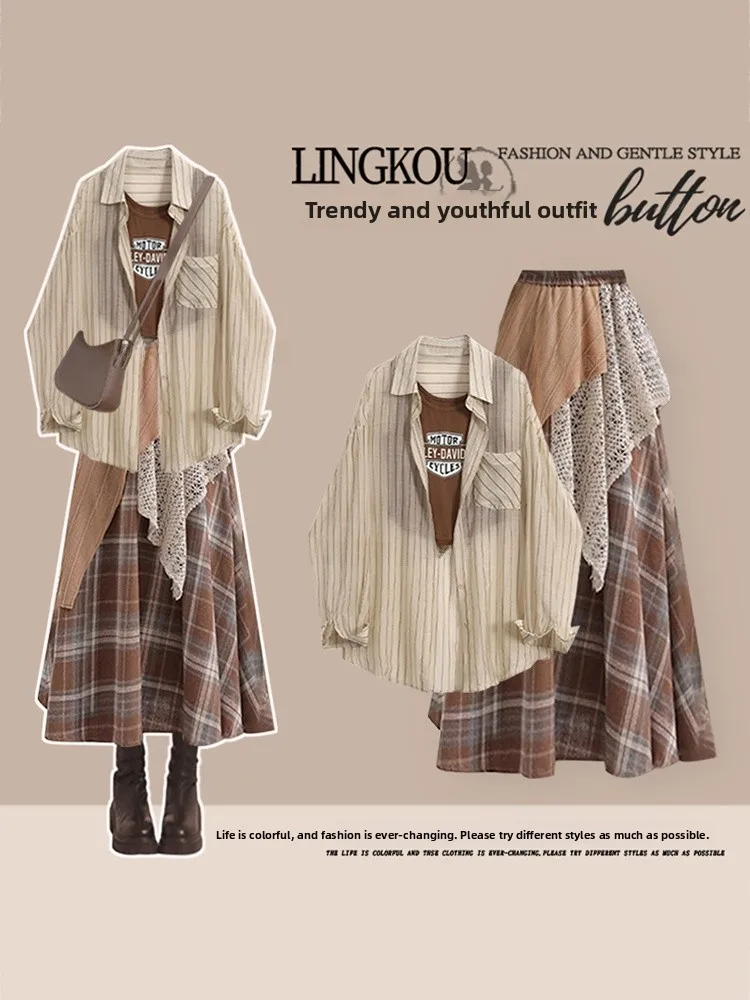 Retro plus Size Women's Summer Fashion Sun Protection Shirt Slimming Strap Splice Plaid Skirt Three-piece Set