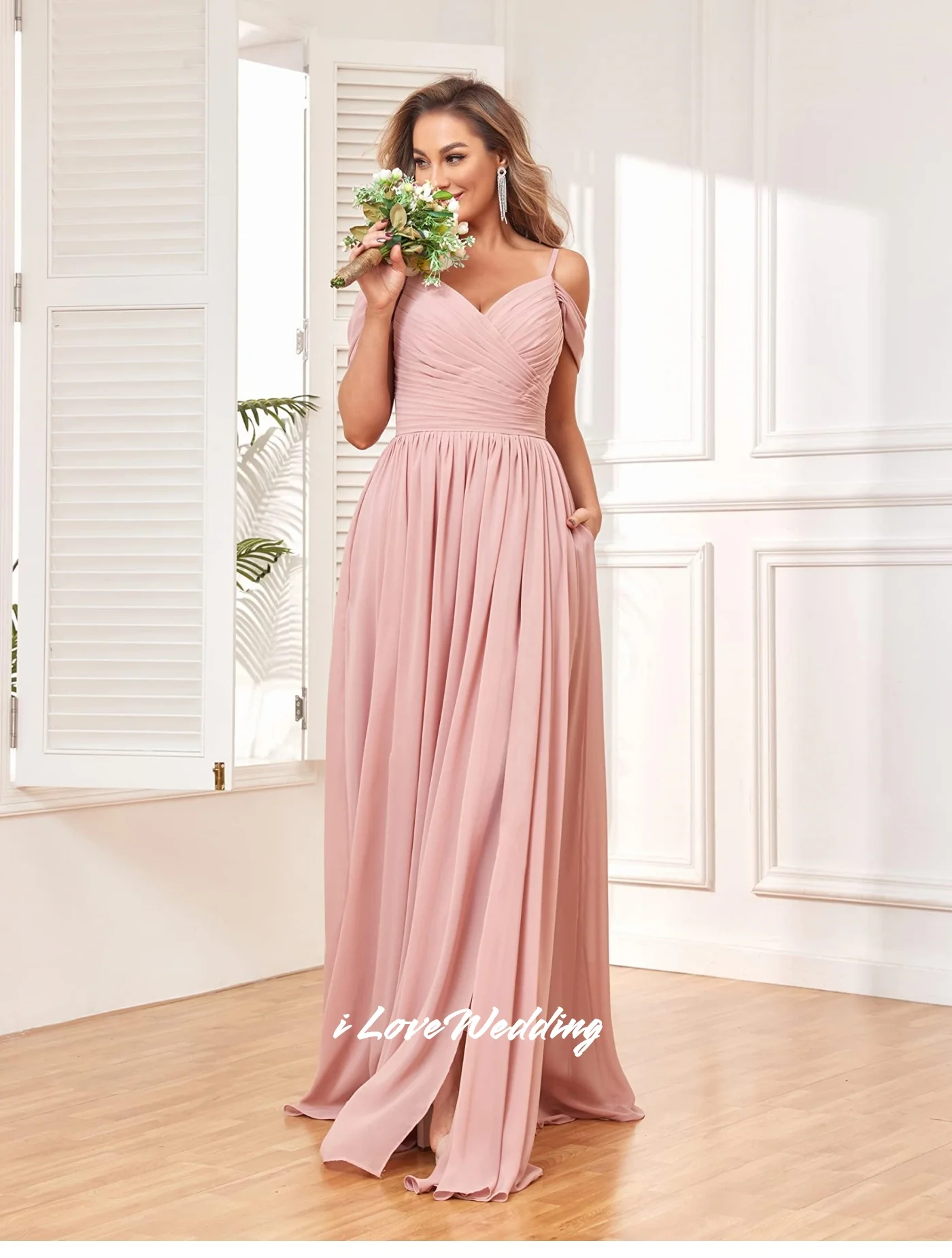 Spaghetti Straps Bridesmaid Dresses Chiffon V-Neck Off the Shoulder Wedding Guest Dress Backless Criss Cross Customized