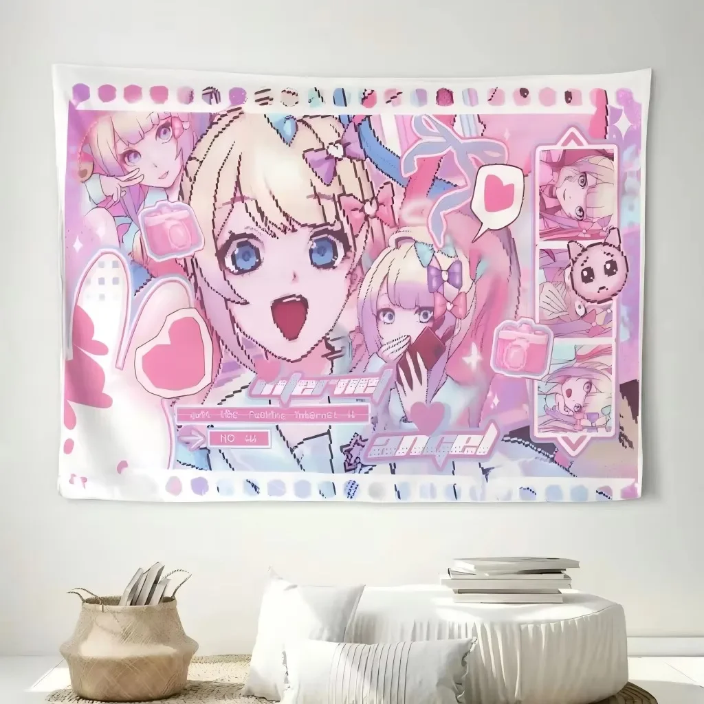 Pastel Internet Angel Pixel Art Wall Hanging Tapestry K‑KAngel Y2K Cute Aesthetic Backdrop Cloth for Dorm Bedroom Room Home Deco