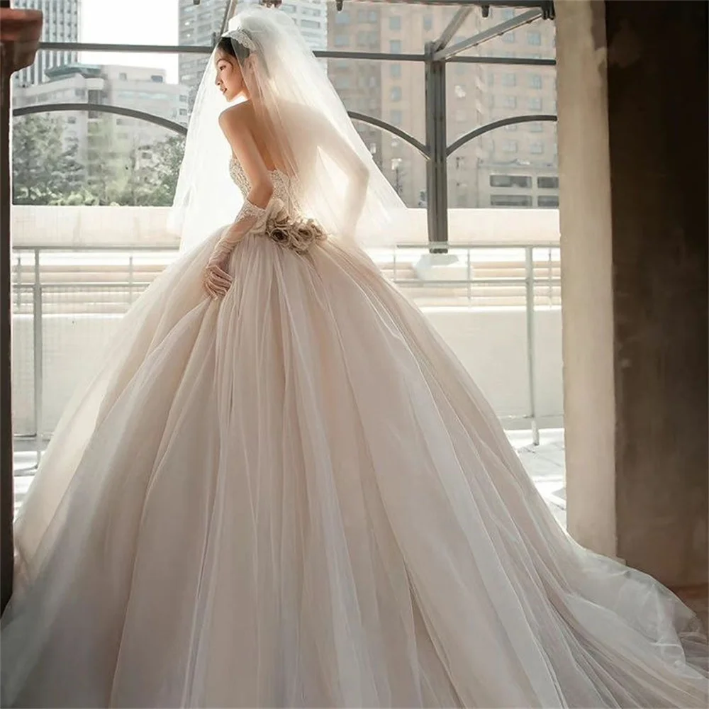 Classic Wedding Dresses A-Line Bridal Gowns Sequin Appliques Strapless Backless Robes For Party Vestidos Customized 073