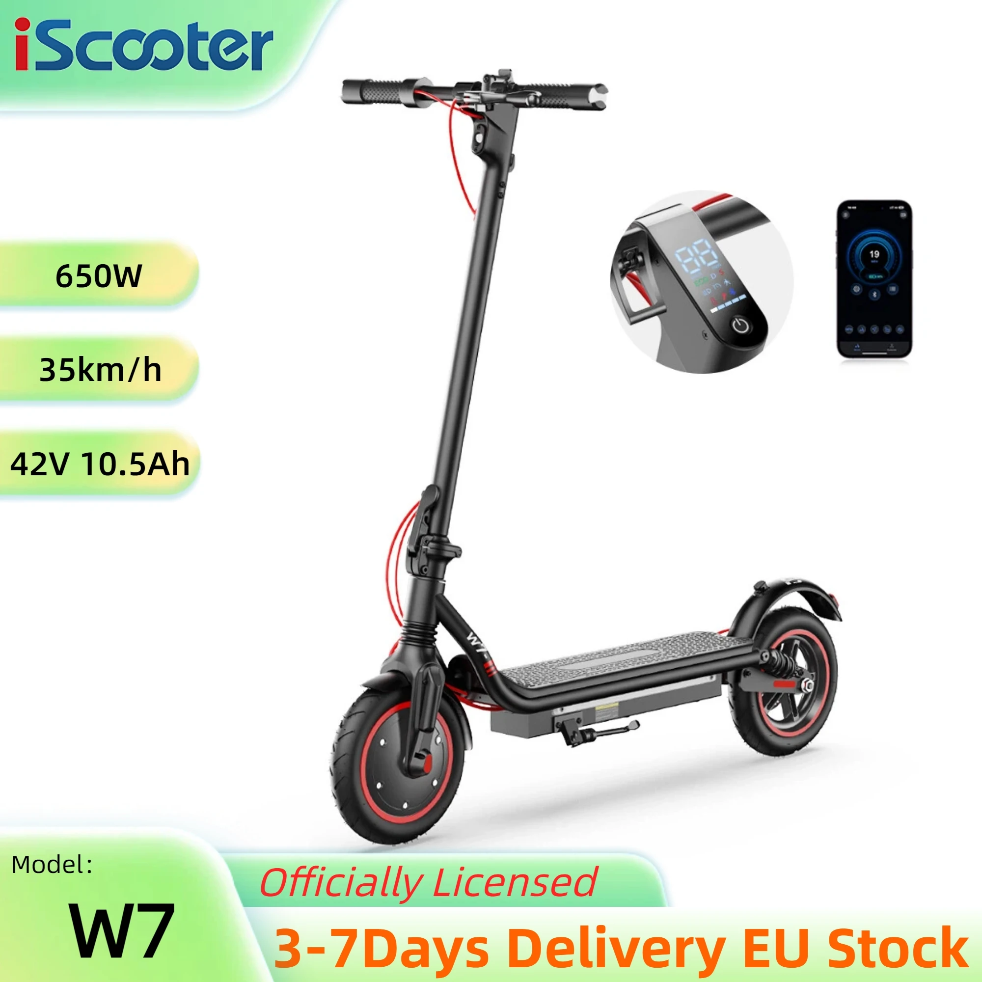 Scooter Eléctrico iScooter W7 de 8.5'', Motor de 650W, Batería de 42V 10.5Ah, Velocidad Máxima de 35km/h, Scooter Eléctrico Ligero y Conveniente para el Transporte Urbano con APP