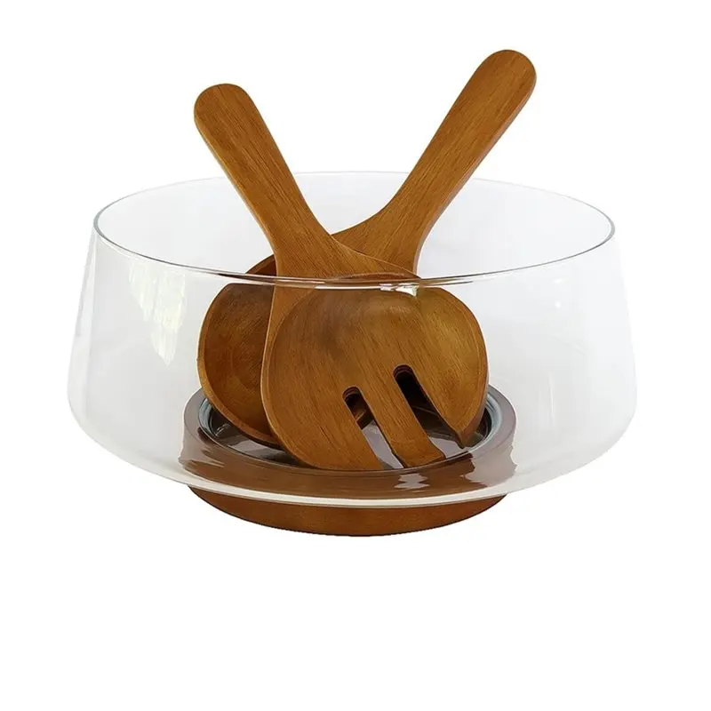 ABKY-Large Glass Salad Bowl Set With Wood Base & Salad Servers