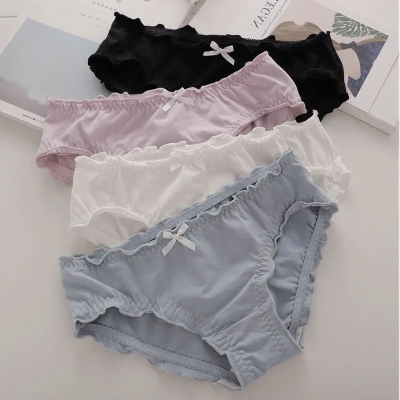 4 Pcs Female Underwear for Women Bow Panties Korean Low Rise Pack Set Lingerie Schoolgirl 2024 Cute Ruffle Solid Summer Briefs