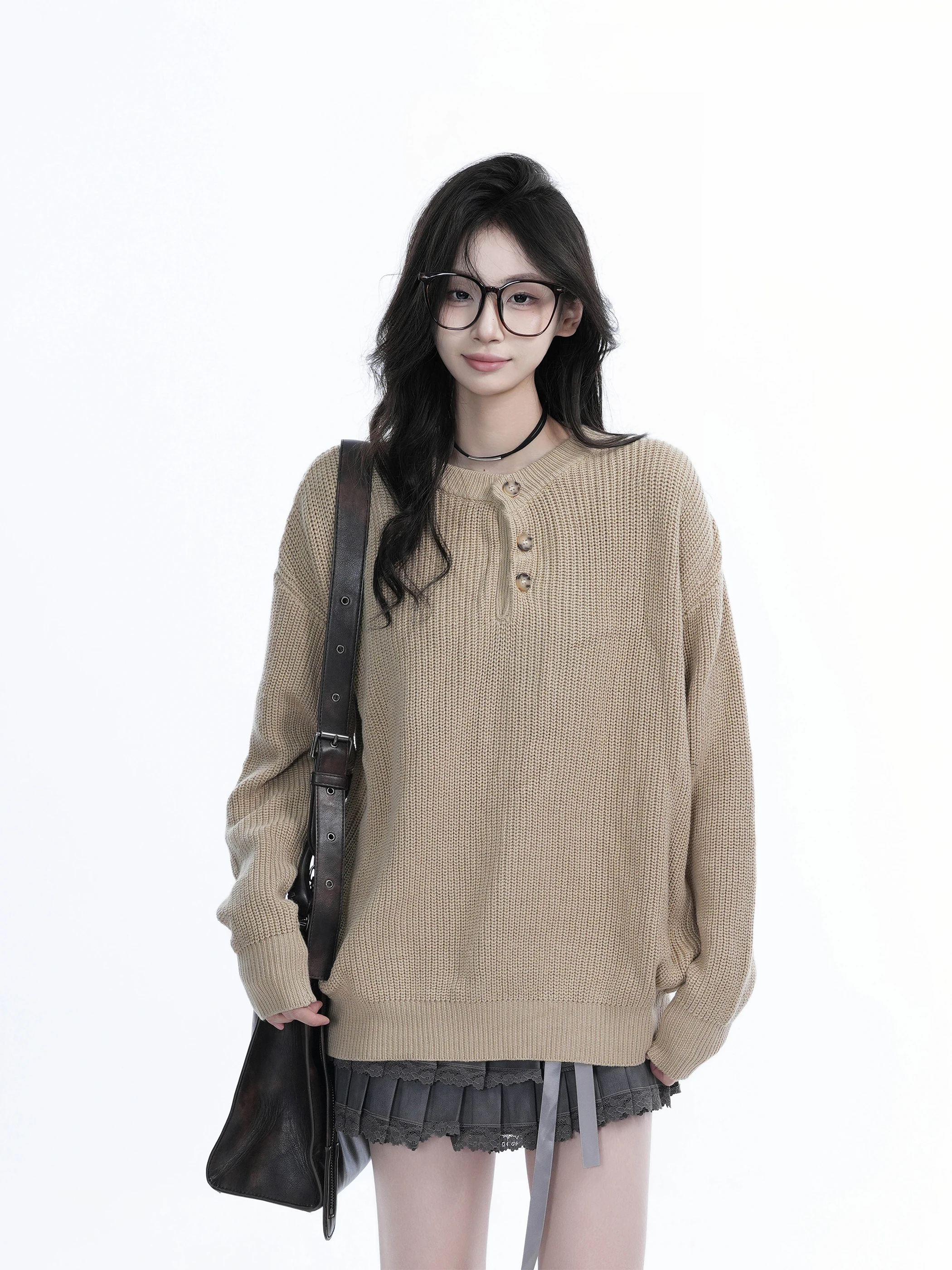 

American Retro Wheat Ear Pattern Henry Collar Sweater Loose Casual ex Knitted irt Fall Season Youth Faion Warmth