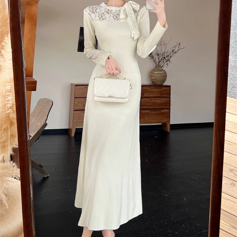 Korean Fall Winter Elegant Dress Women Jacquard Patchwork Solid Slim Dress Lace Knit Sweet Long Sleeve Party Evening Vestidos