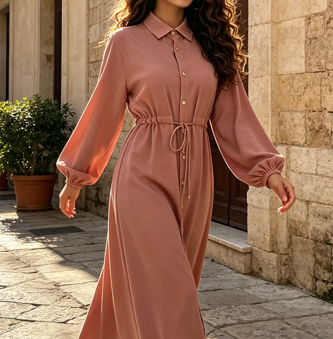 Ramadan Shirt Collar Abaya Dress Long Sleeve Drawstring Waist Button Maxi Dress Dubai Modest Islamic Muslim Kaftan Dress Casual