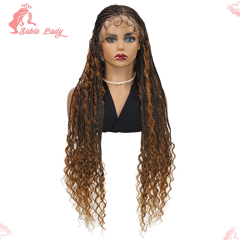 Pelucas de encaje con trenzas bohemias para mujeres negras, peluca trenzada sintética, caja sin nudos de 32 ", 1B27, cabello trenzado de encaje completo